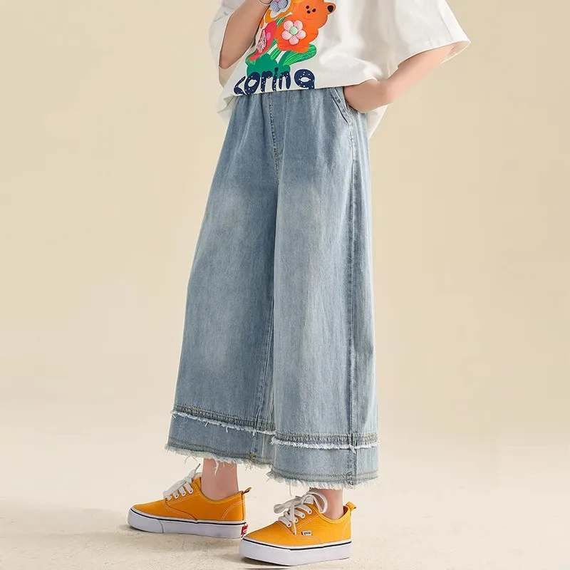 

Джинсы для девочек, тонкие летние детские прямые штаны с укороченными штанинами, летние свободные брюки с широкими штанинами для детей старшего возраста, 2024