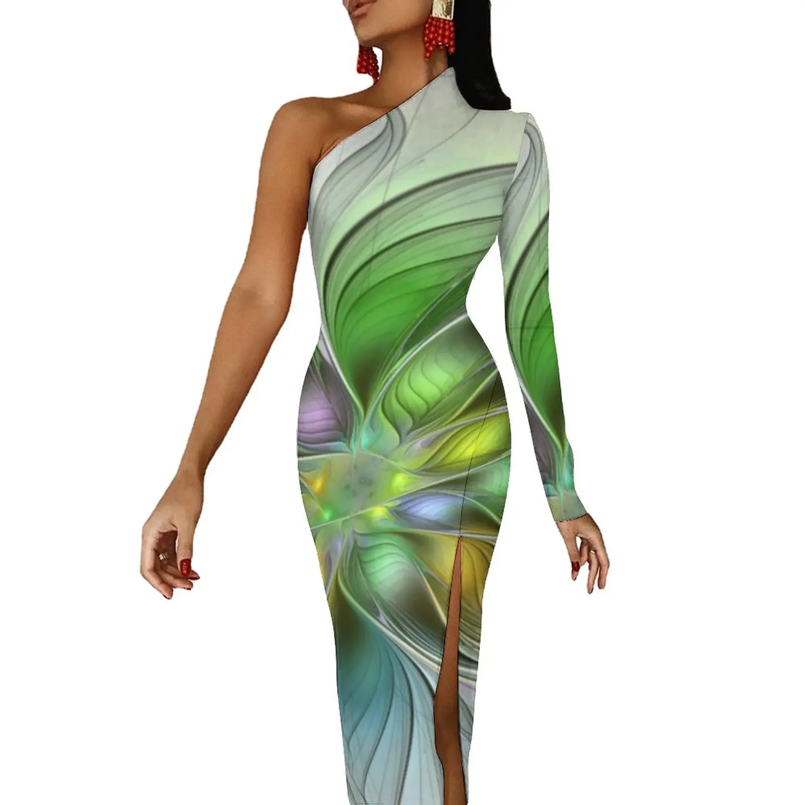 

Fantasy Flower Maxi Dress One Shoulder Colorful Abstract Floral Street Wear Bodycon Dresses Summer Side Split Sexy Dress Vestido