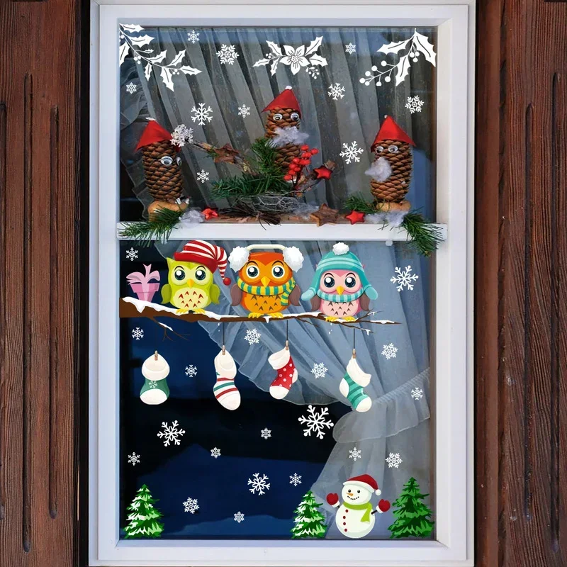 New Electrostatic Glass Stickers Christmas Tree Branch Owl Snowflake Living Room Bedroom Window Decoration Wall Stickers