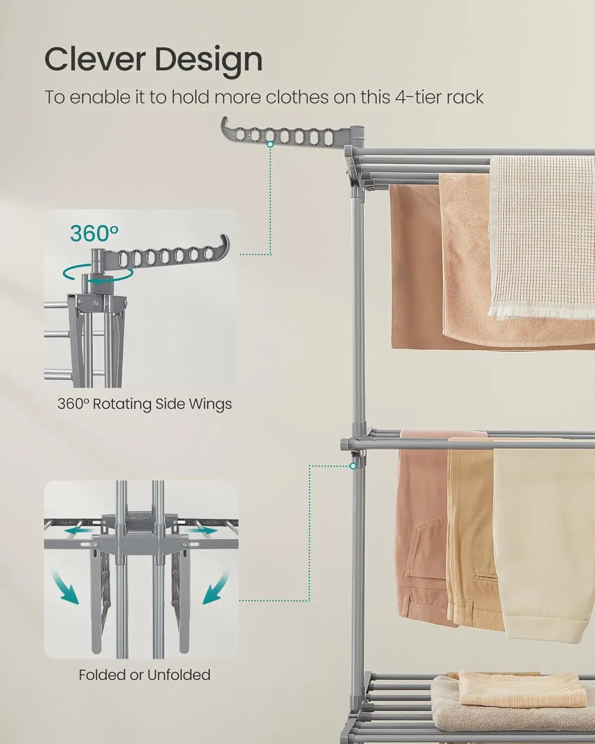 Clothes Drying Rack 4-Tier, Foldable Laundry Drying Rack 69.9-Inch Tall, Extendable Rods, Stainless Steel,Rolling Clothes Horses