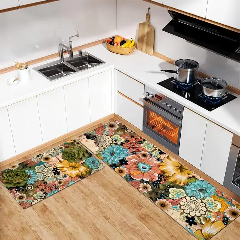 VIKAMA Kitchen Floor Mat Oil Resistant Wipeable Washable Waterproof Mat American Floral Carpet Home Decoration 1/2PC