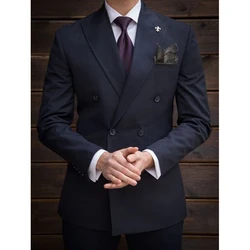 STEVDITG Gorgeous Navy Blue Men's Suits Double Breasted Flat Peaked Lapel Formal Business Prom Party Blazer 2 Piece Jacket Pants