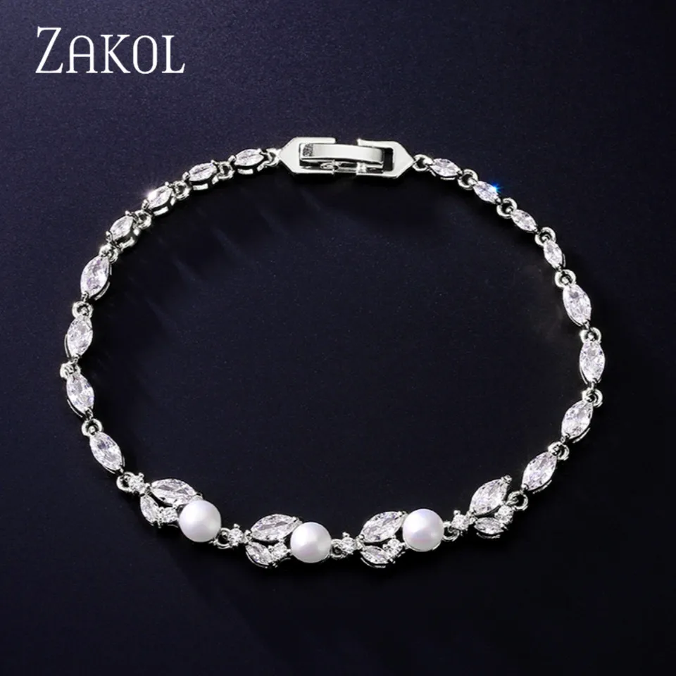 ZAKOL Neue klassische Blatt-Zirkon-Imitationsperlen-Charm-Armbänder für Frauen, Hochzeit, Braut-Armband, weiblicher stilvoller Schmuck