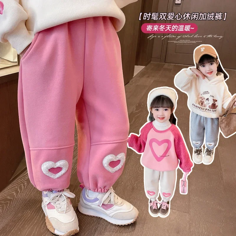 Girls Fleece Pants Warm Trousers For Kids Love Heart Children Trousers Fall Winter Baby Thicken Clothing Korean Style