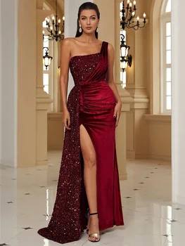 One Shoulder Sexy Velvet Maxi Dress Women s Evening Party Dress Ball Gown Ribbon Burgundy Home v3 VC Full Color Background