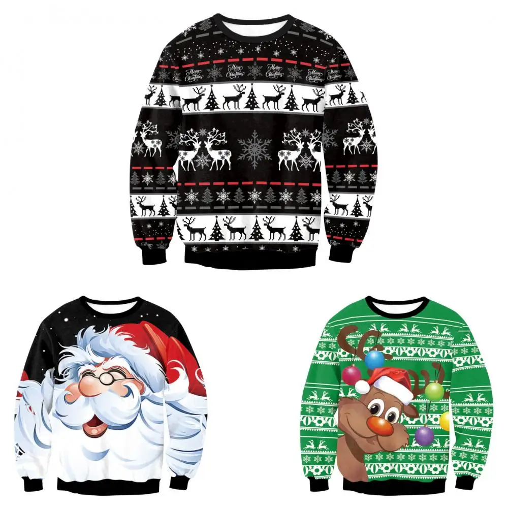 Men Christmas Sweater Black and White Elk Snowflake Pattern Pullover Funny Ugly 3D Printing Santa Claus Party Xmas Sweatshirt