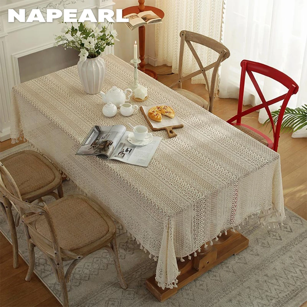 NAPEARL Village Style Beige Lace Tablecloth Tassel Decoration Table Cover for Kitchen Wedding Dining Room 1PC