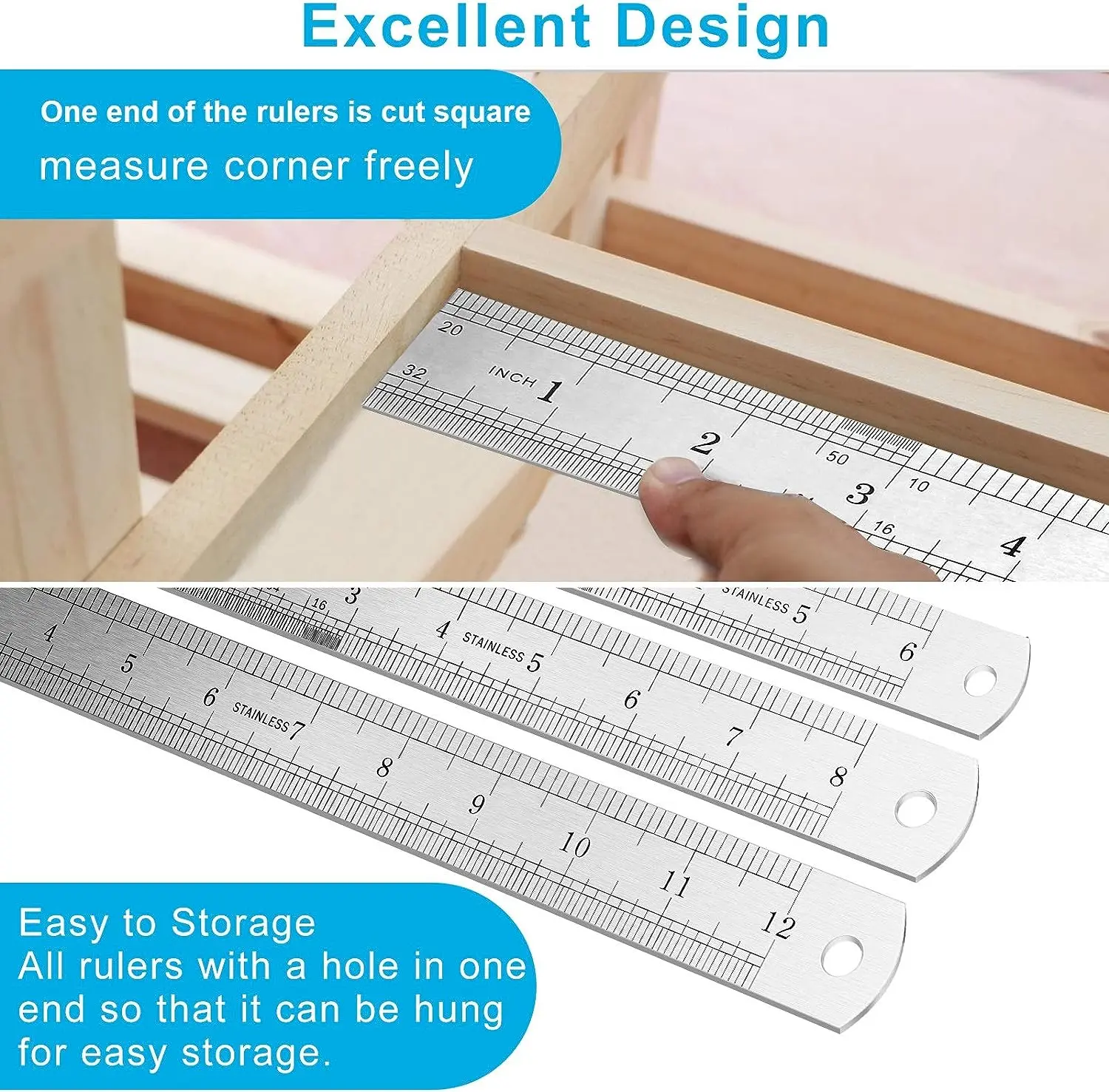 Stainless Steel Double Side Straight Ruler Centimeter Inches Scale Metric Precision Measuring Tool School Office Supplies