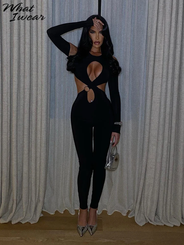

Whatiwear Women's jumpsuit Jumpsuit Black Sexy Popular bandage Metal Ring Hollow Design New Fashion Slim Fit Hundred