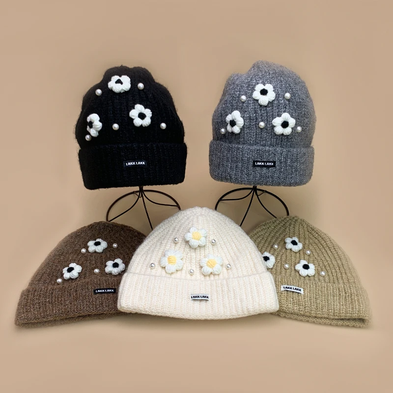 

New Woolen Flower Pearl Bucket Knitted Hats Men Women Fashion Autumn and Winter Versatile Warm Sweet Comfortable Korean Loose