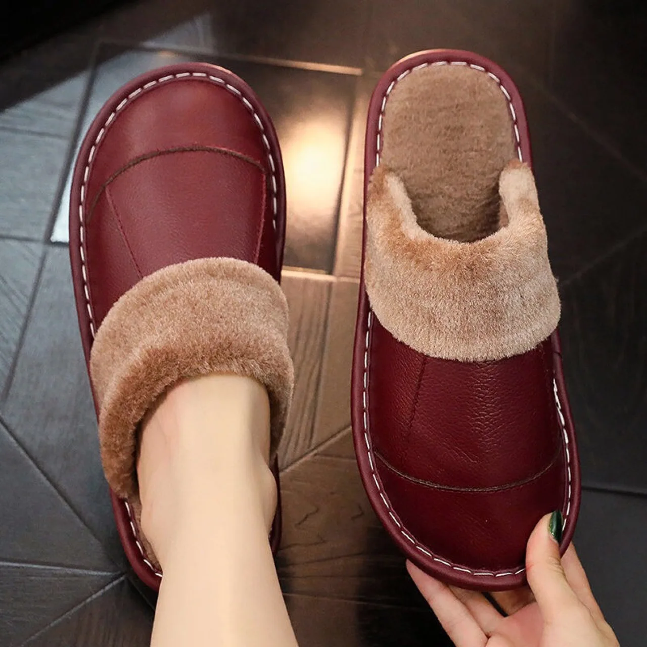Autumn Winter New Thick Leather Cover Toe Warm Breathable Woman Couple Household Indoor Non-slip Waterproof Cotton Slippers Man 4