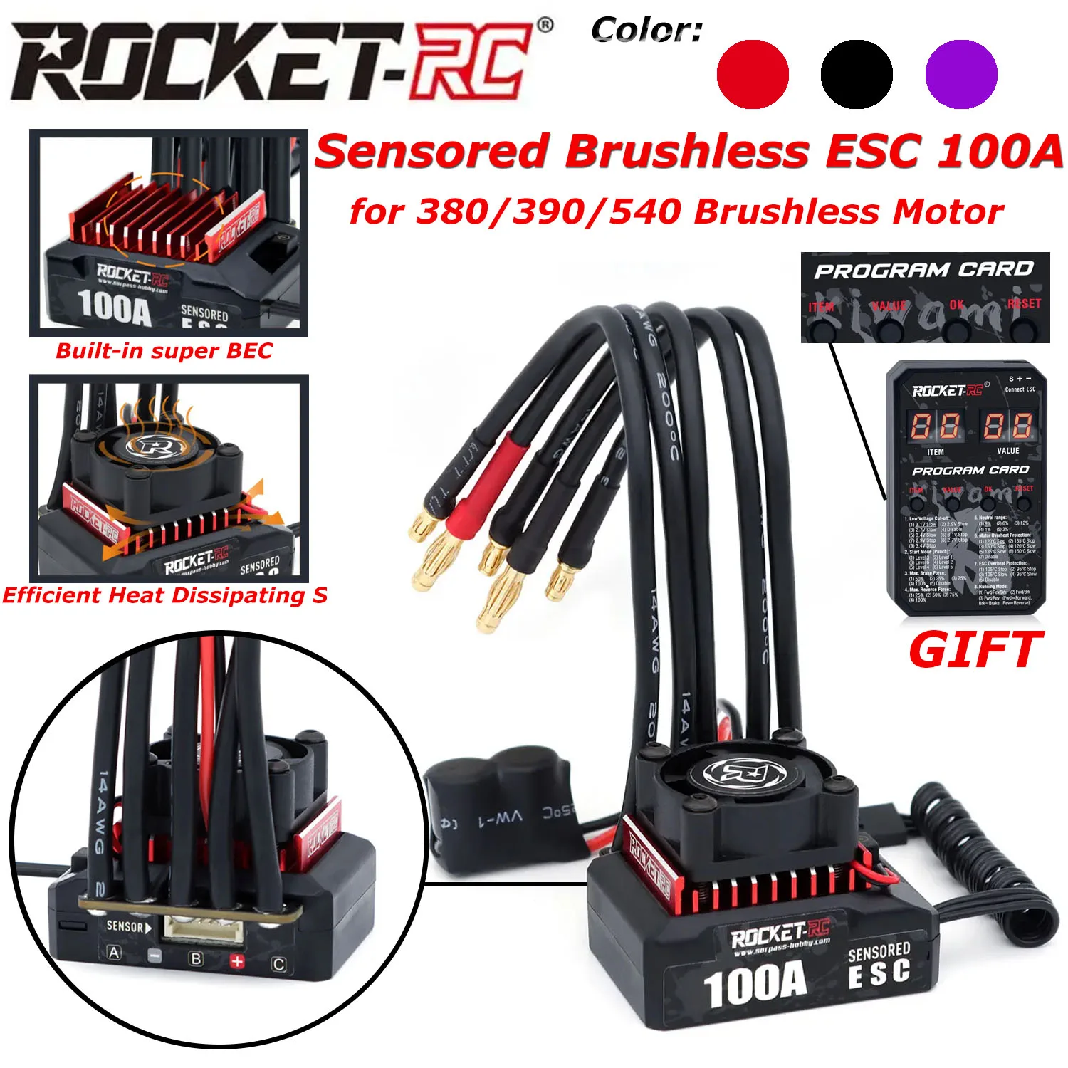 ESC Brushless 100A 2-3S ROCKET-RC Etanche + Program Card pour Voiture RC 1/10
