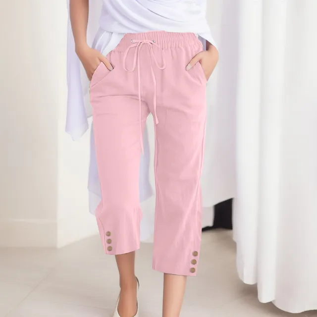 Women Cropped Pants Cotton Linen Baggy Trousers Drawstring Elastic Waist Pantalones Korean Fashion Solid Straight Pants штаны 2