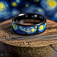 Unique Starry Night Pattern Men's Black Ring Personality Women Wedding Band Jewelry Unisex Party Accessories Wholesale - Image 2