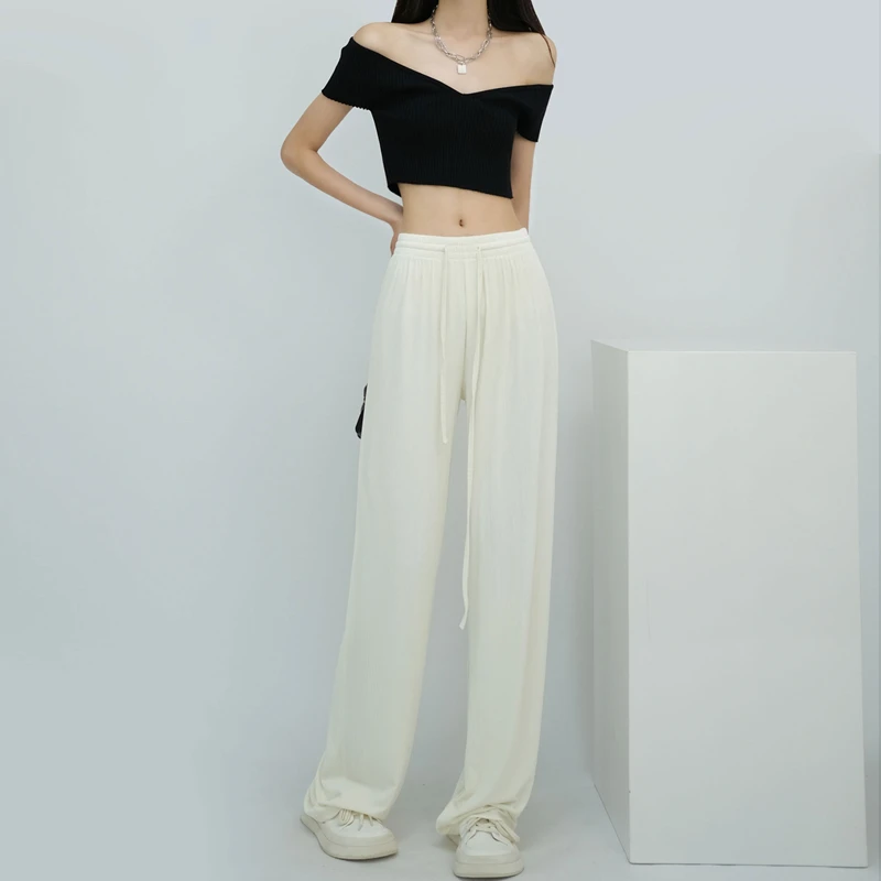 Drawstring Stretch Casual Pants Ice Silk Wide Leg Straight Trousers High Waist Elastic Mopping Pant Oversize Comfort Streetwear