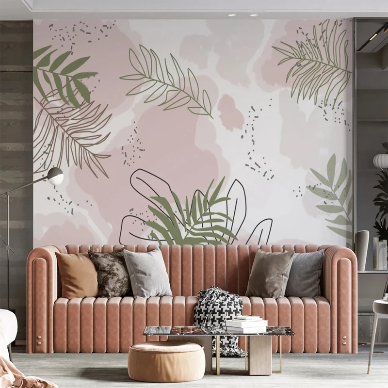 Custom 3D Photo Pastoral Style Tropical Plant Leaves Pink Background Wallpaper for Bedroom Living Room TV Wall Mural Home Decor