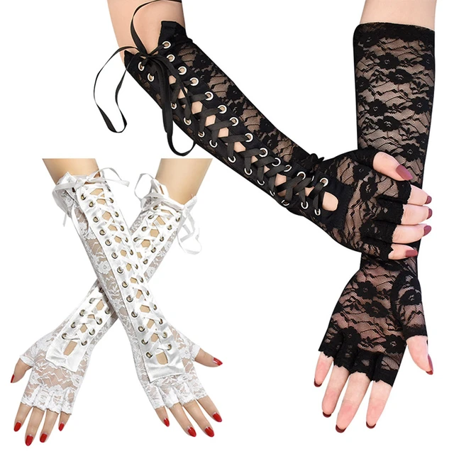 Women Gloves Long Fishnet Mesh Gloves Arm Sleeve Lace Bandage Half-Finger  Gloves Satin Ribbon Ties