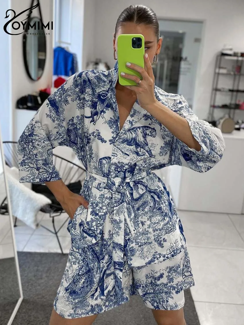 Oymimi Casual Blue Print 2 Piece Sets Women Outfit Elegant Three Quarter Sleeve Lace-Up Shirts And High Waist Shorts Female Sets