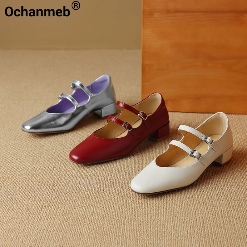 Ochanmeb 여성용 진짜 가죽 더블 버클 메리 제인 펌프스, 미디엄 블록 힐, 베이지 레드 실버, 얕은 신발, INS 용수철, 33-40, 신제품