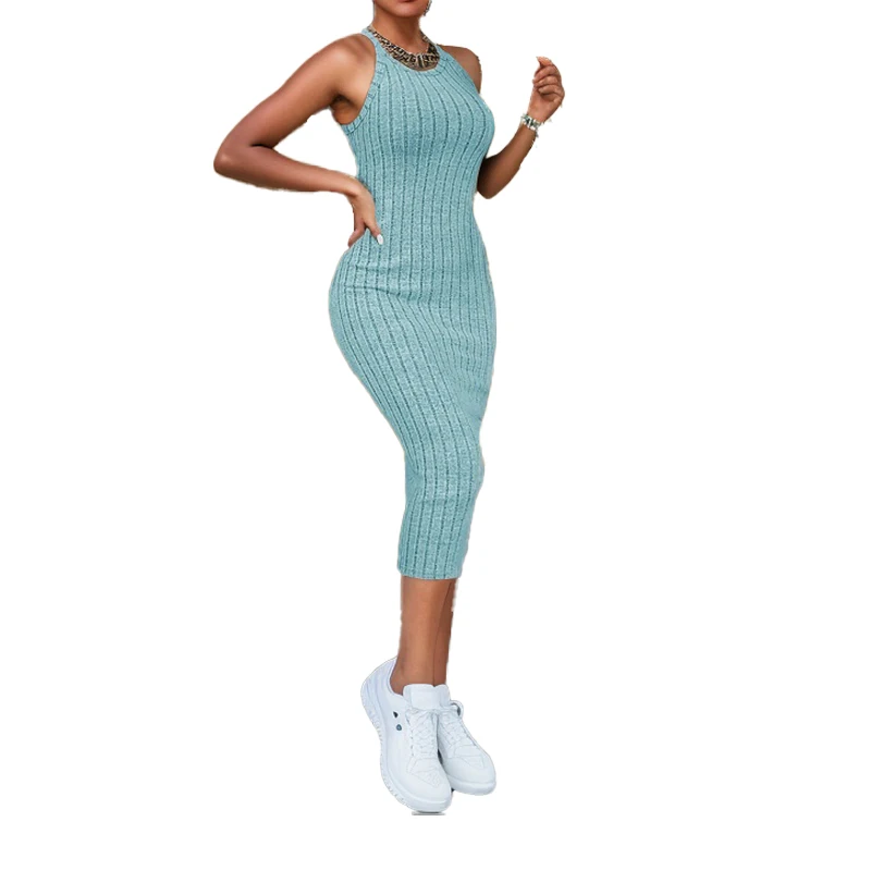Solid Halter Neck Bodycon Midi Dress High-end temperament vest halter dress women's summer new high-waist slim temperament slim 6
