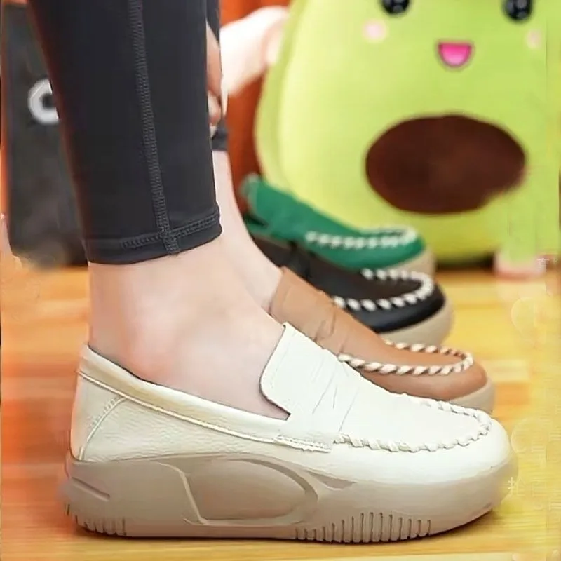여성용 플랫폼 캐주얼 슬립온 로퍼, 부드러운 밑창, 편안한 작업화, 봉제 가죽 ..