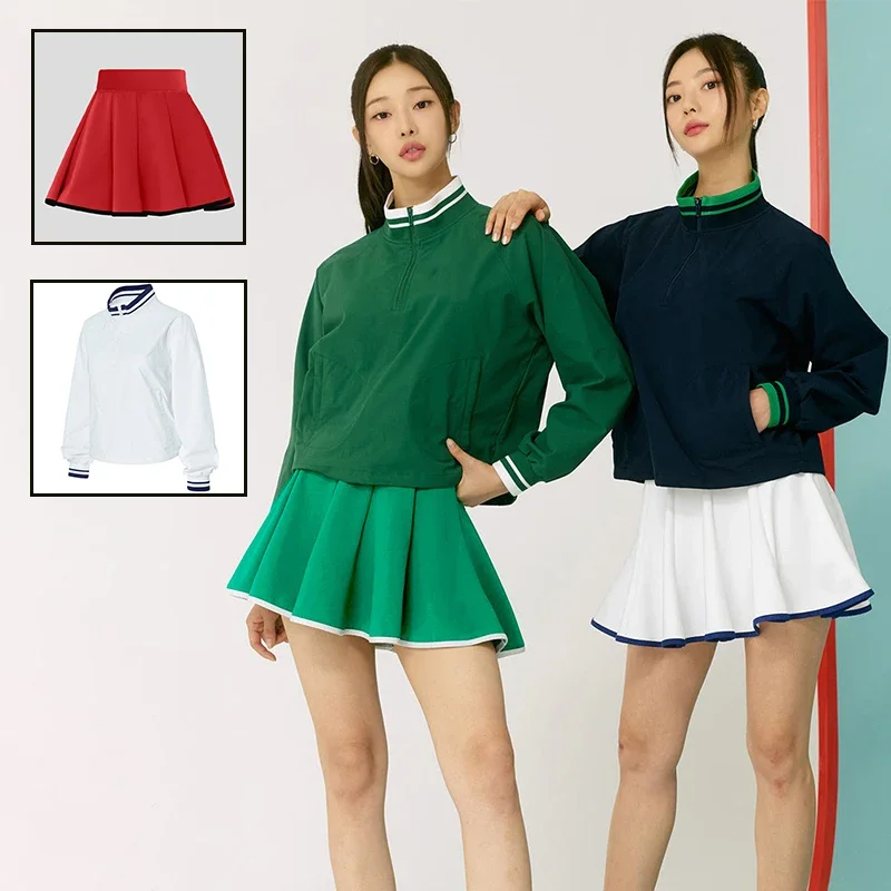 Sun Protection Women Tennis Golf Coat Workout Long Sleeve Jacket Tops Ladies Pleated Skirt High Waist Tennis Badminton Skorts