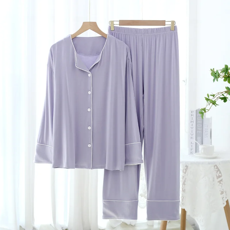 New Spring and Autumn Women's Pajamas Set Modal Pure Color Simple Thin Cardigan Long Sleeve Pants Two Piece Home Suit Sleepwear