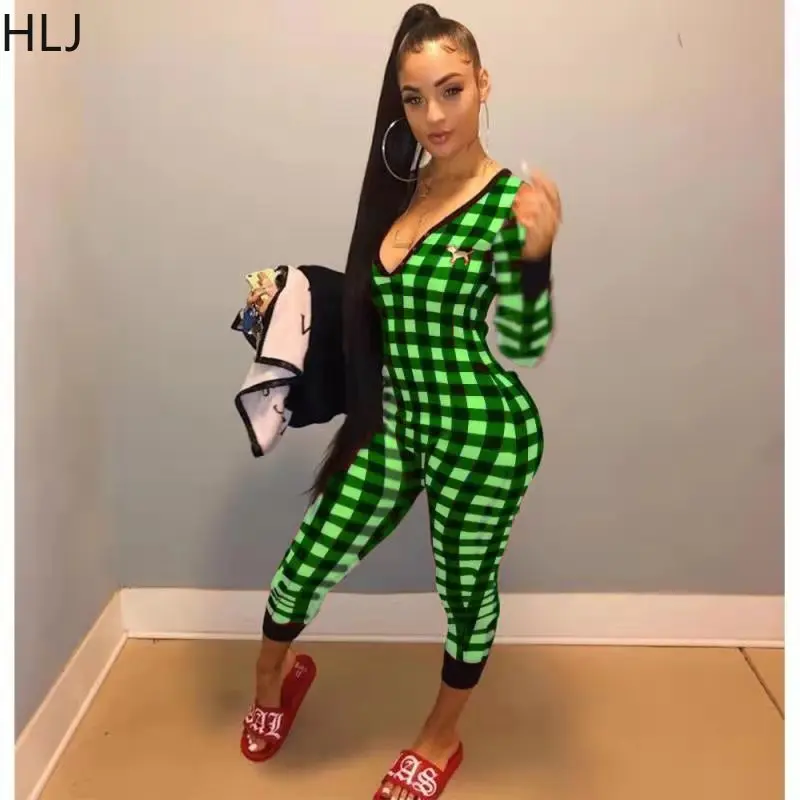 HLJ Sexy Plaid Printing Embroidery Bodycon Jumpsuits Women V Neck Long Sleeve Slim Playsuits Female Party Club One Piece Overall