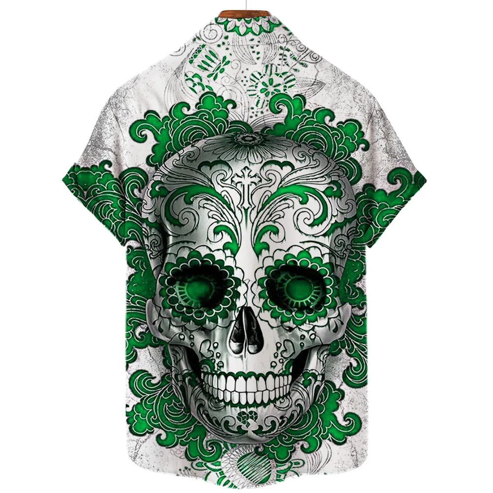

2023 Hawaiian Men's Summer Skeleton Shirt Printed Casual Short Sleeve Fashion Plus Size Single Breasted Top