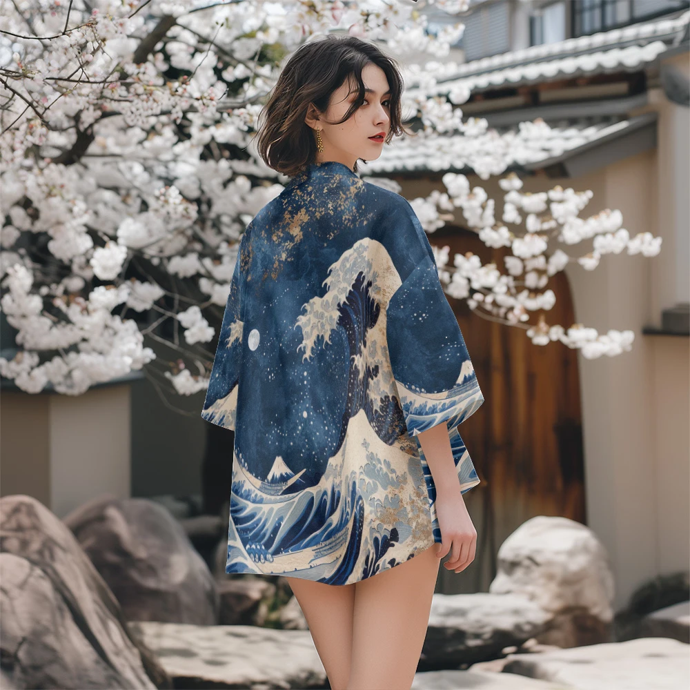 Japanese Kimono Cardigan Summer Samurai Kimono Men Cosplay Stylish Wave Print Haori Streetwear Japanese Fashion Yukata Vintage Cardigan Robe