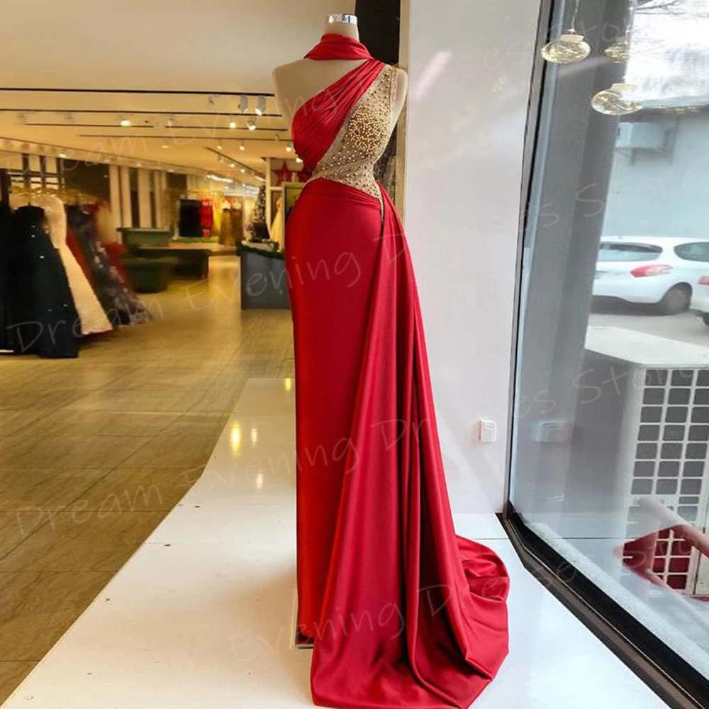 

2024 Generous Red Women's Mermaid Beautiful Evening Dresses One Shoulder Beaded Prom Gowns With Pearls فساتين للمناسبات الرسمية