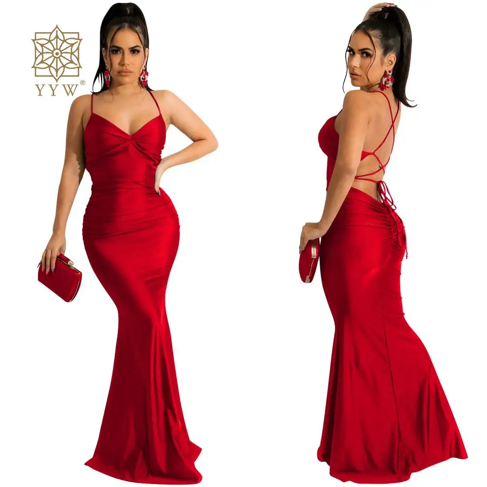 Women Dress Summer Neon Satin Lace Up Women Bodycon Long Midi Dresses Ladies Sleeveless Backless Sexy Cocktail Mermaid Gown