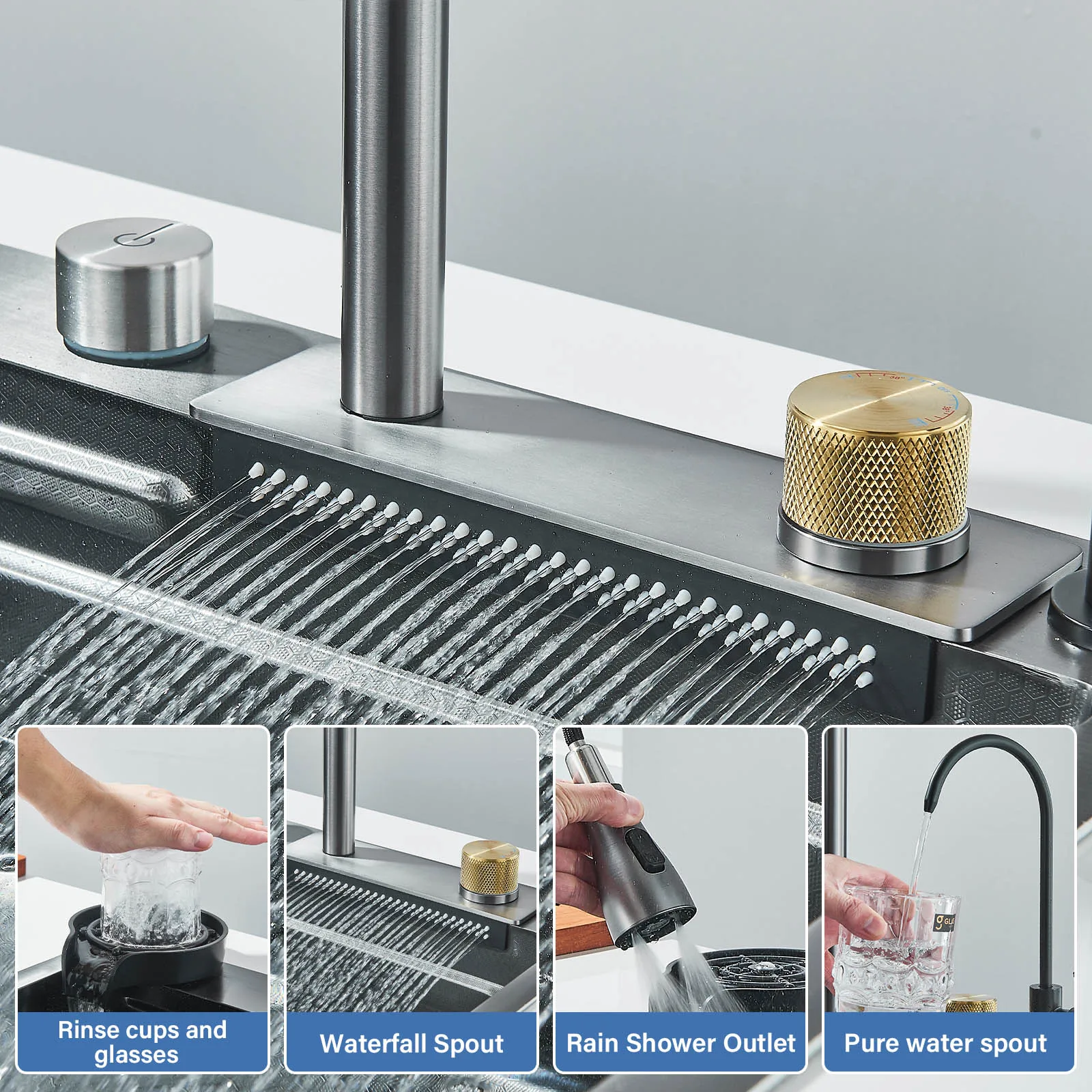 304 Stainless Steel Waterfall Kitchen Sink Sink Large Single basin With Large Single Slot Sink Above Counter With Cup Disher 2