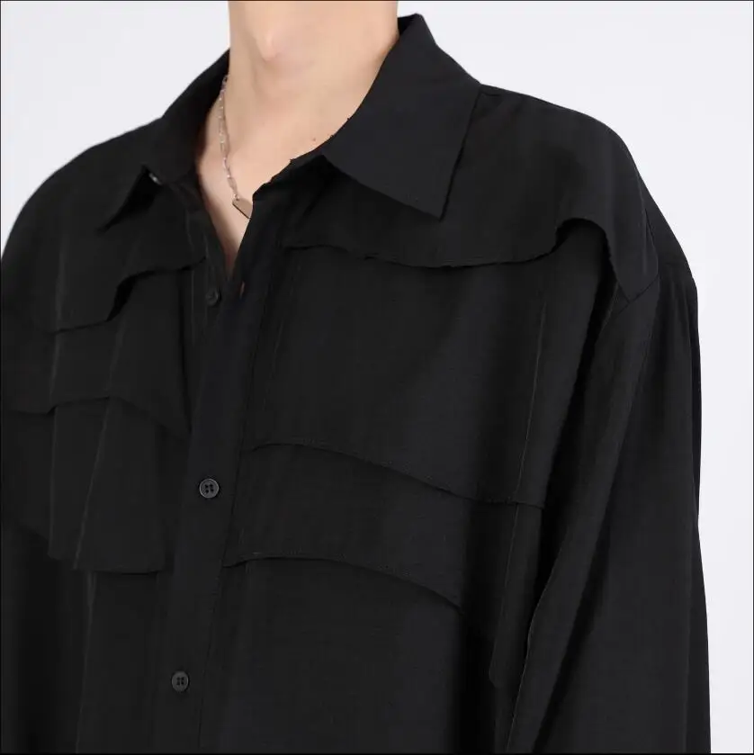 Autumn Yamamoto Yoshi Wind Niche Design Men Black Long-Sleeved Shirt Art High-Grade Top Hair Stylist Singer Coats Costumes