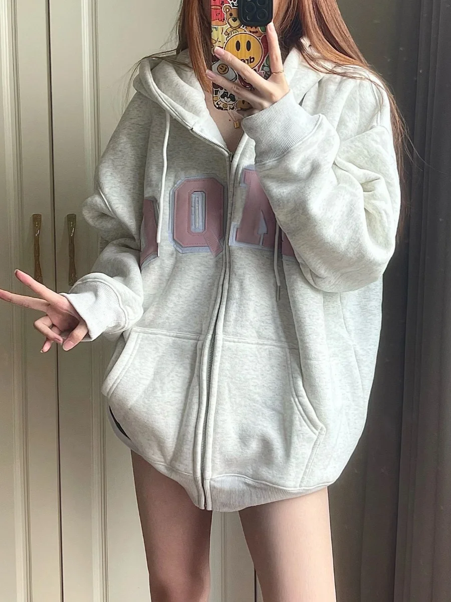 American Style Hooded Sweater Women's Hoodies Spring And Autumn Loose Oversize High Street Patch Embroidered Cardigan Coat