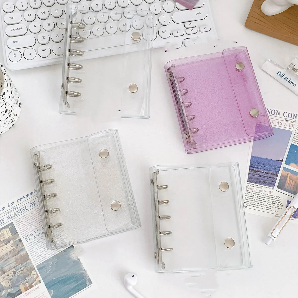 Glitter 5-Hole Transparent Colored Binder Cover - Journal & Sketchbook Accessories, Diary Office Supplies
