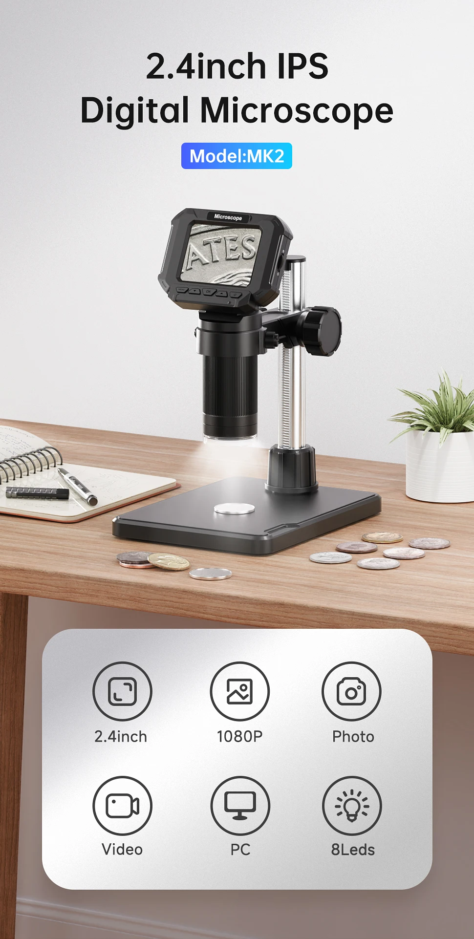 Digital Microscope 2.4inch USB Microscope for Electronic, Edcation, Repair, Coin