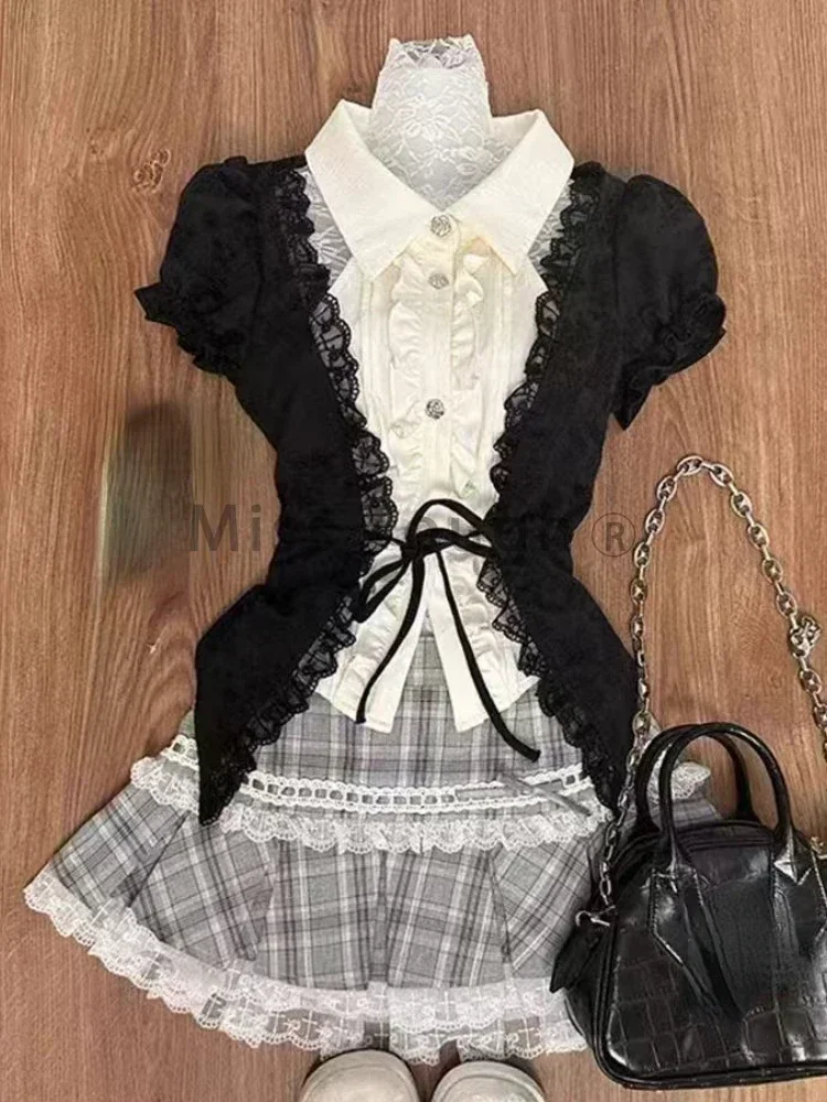 Japanese Kawaii Lolita Elegant 2 Piece Set Women Y2k Patchwork Vintage Kawaii Mini Skirt Suits Female Lace-up Chic Clothing 2024 2