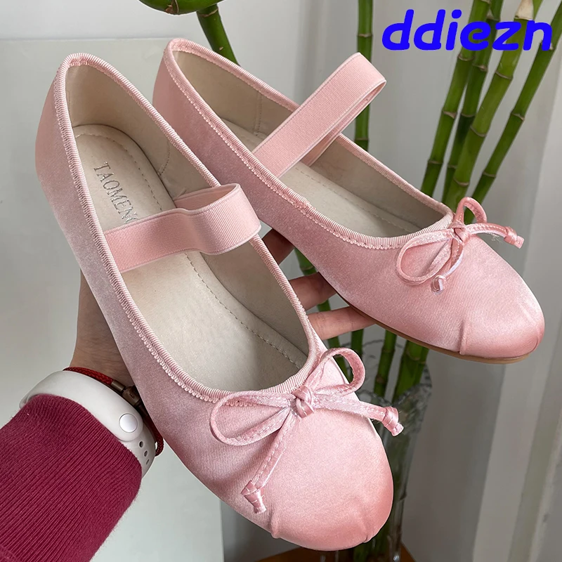 Pink Footwear Silk Women Ballet Flats Shoes Female Round Toe