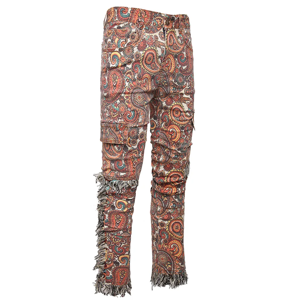 Men Bandana Print Pants Plus Size Multi Pockets Cargo Jeans Fashion Tassels Paisley Bandanna Trousers 3