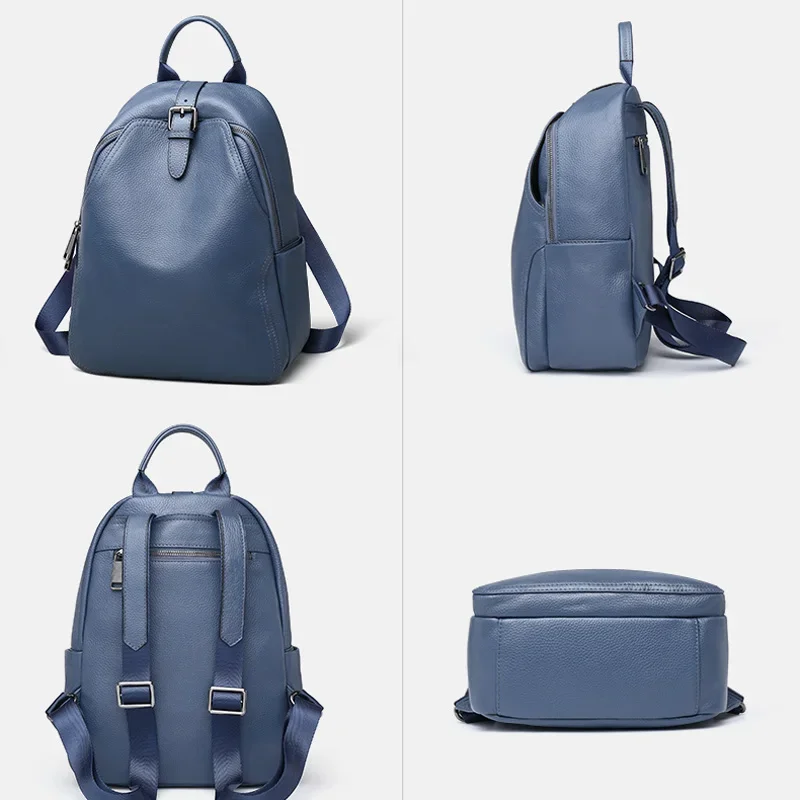 Classic Blue Grey Cowhide 100% Genuine Leather Women Backpack Vintage Travel Bags Notebook Schoolbag for Girls Daily Knapsack 3