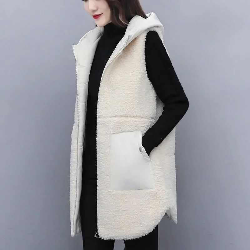 Imitation Lamb Hair Vest Women Autumn Winter Wear 2024 New Fashion Mid-Length Thick Plush Loose Cotton Waistcoats Jacket