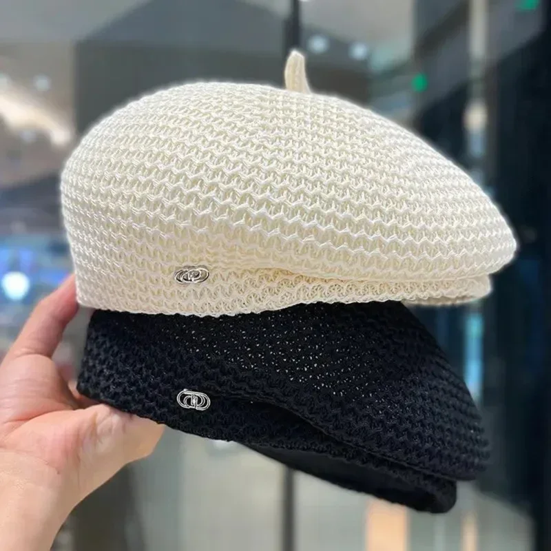 Women's Knit Beret Hat - Breathable Summer Straw Painter Style_voghion.com