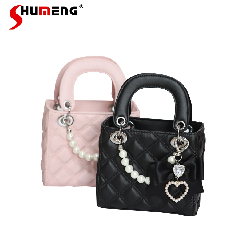 Japanese Girl Cute Handmade Pink Shoulder Bag 2023 Fall New Mine Mass-Produced Sweet Cool Bow Love Rhinestones Handbag for Women 2