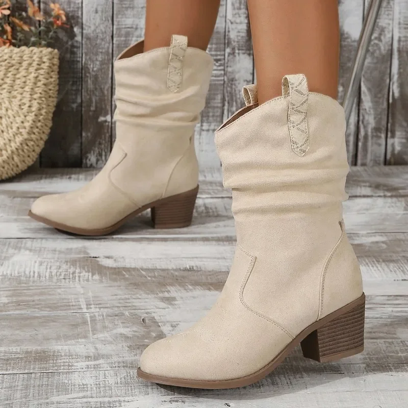 2024 Spring and Autumn New Round Head Leather Face White Cover Fashion Women's Large Medium Sleeve Boots Women Boots
