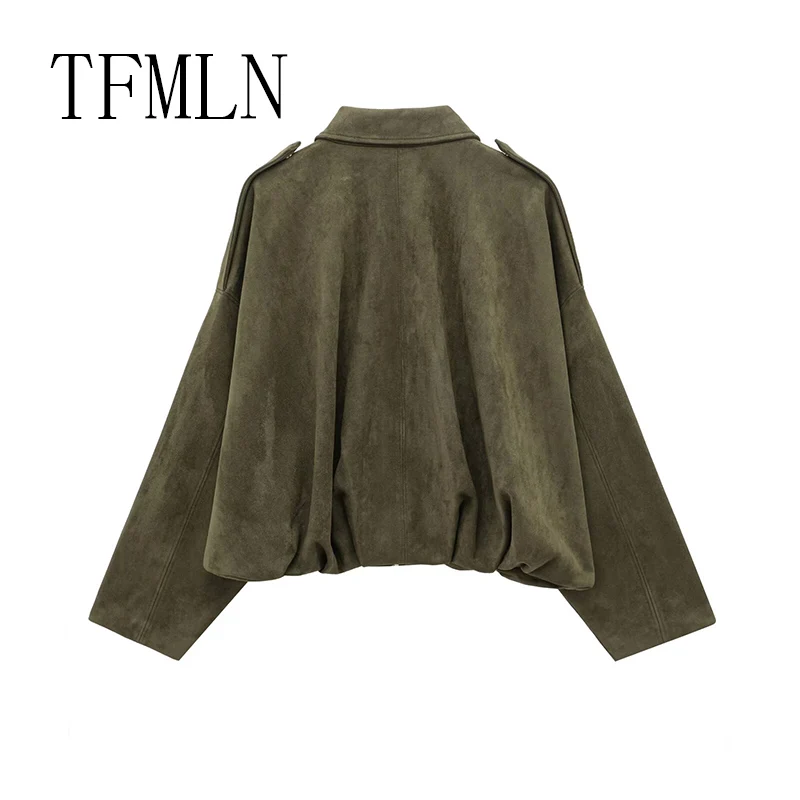 TFMLN New Fashion Suede Fabric Women Bomber Jackets 2025 Causal Long Sleeve Zipper Loose Coats Cropped Jacket Outwear
