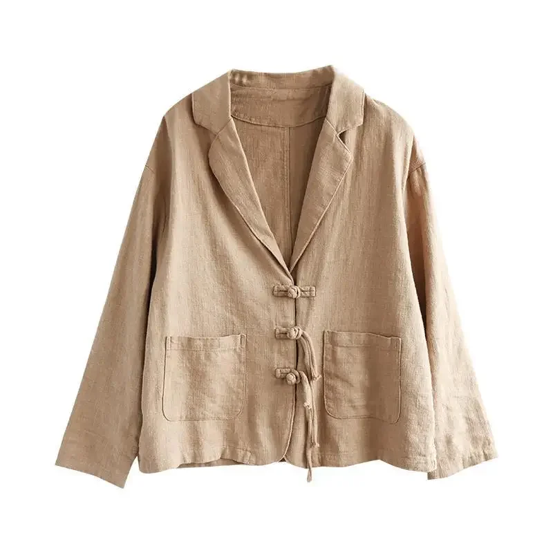 New Vintage Plate Button Cotton Blazer Women Spring Autumn Coat Long Sleeve Thin Jacket Korean Fashion Tops Coats