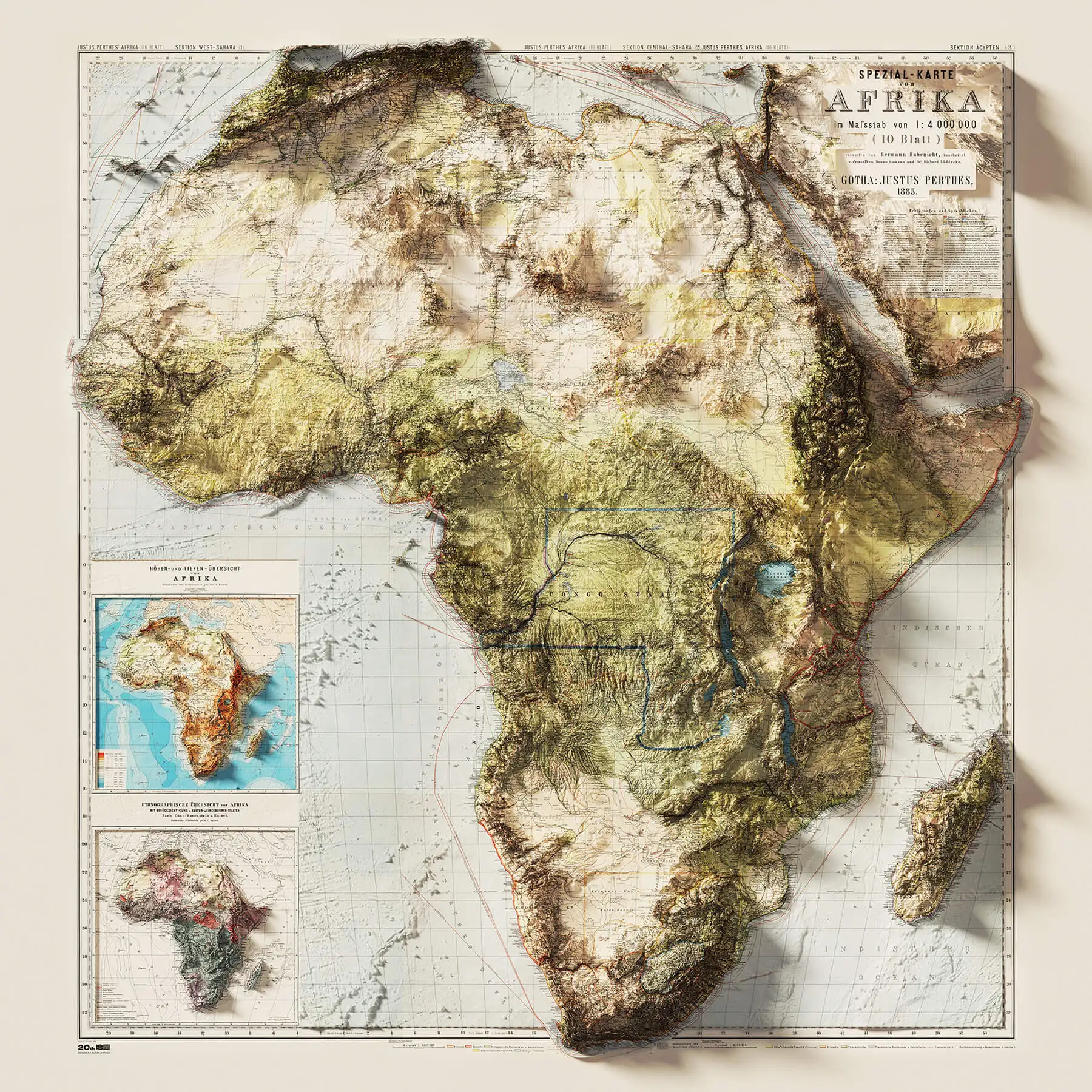 Mappa Topografica Dell'Africa 1885-Mappa Dell'Esposizione Del Museo Sull'Africa Con Carta Opaca Da 190G/210G/310G/350G