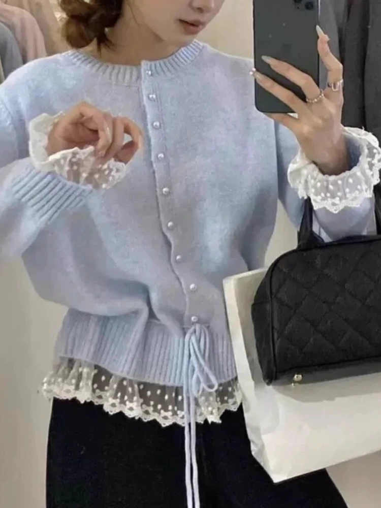 Knitted Sweater Women 2025 Autumn New Arrival Pearl Buttons Lace Patchwork Sweaters Pullovers Korean Style Casual Outwear Tops