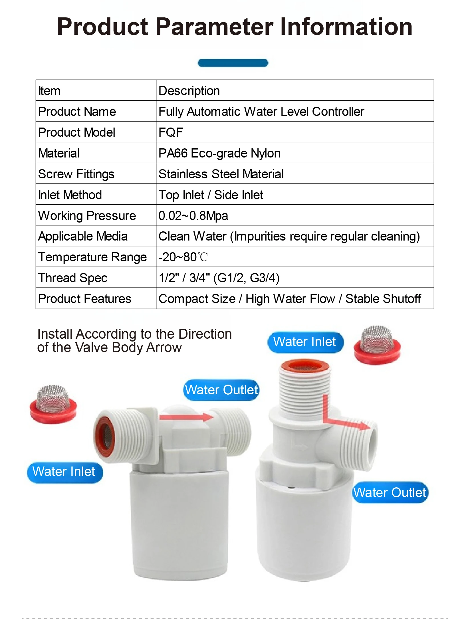 FQF 1/2" Automatic Water Level Control Valve for Water Tank Tower No Float Senso